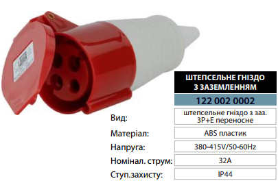 Штепсельне гніздо Horoz Electric з заз. 3Р+Е переносне ІР44 32A 380V