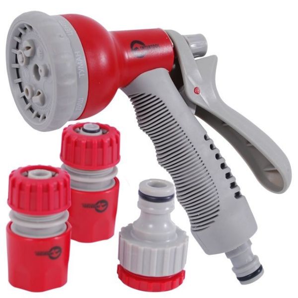 Пістолет-розпилювач для поливу, 8 функцій + адаптер з різьбленням 1/2", 3/4" та 2 конектори для шланга 1/2" INTERTOOL GE-0002